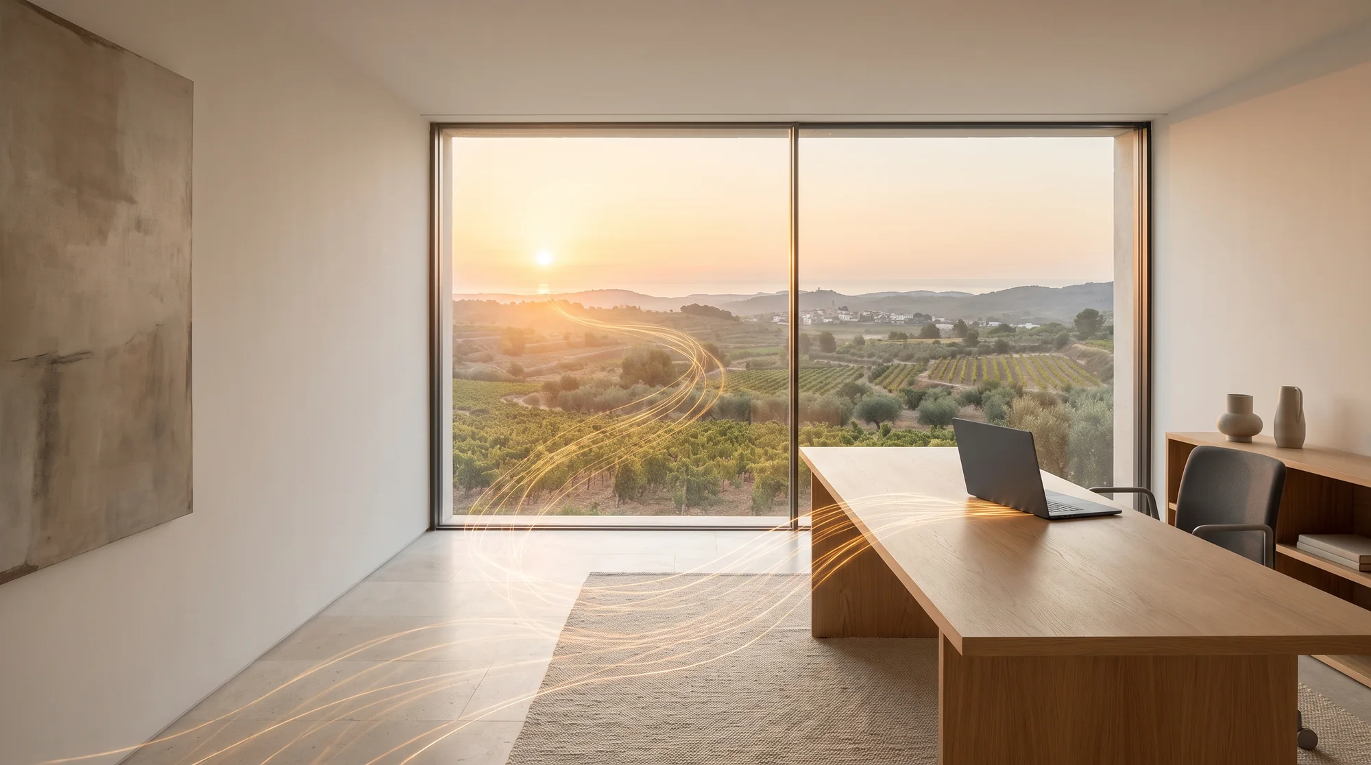 Imagen ilustrativa: viñedos del Baix Camp al amanecer, vistos desde una ventana
